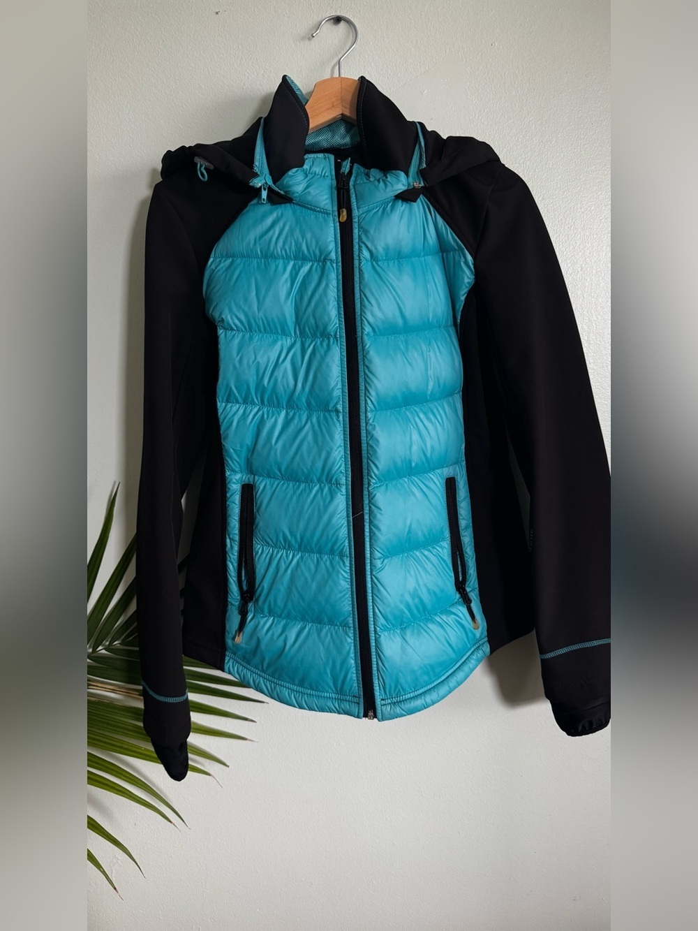 Women's Teal and Black Hybrid Puffer Jacket